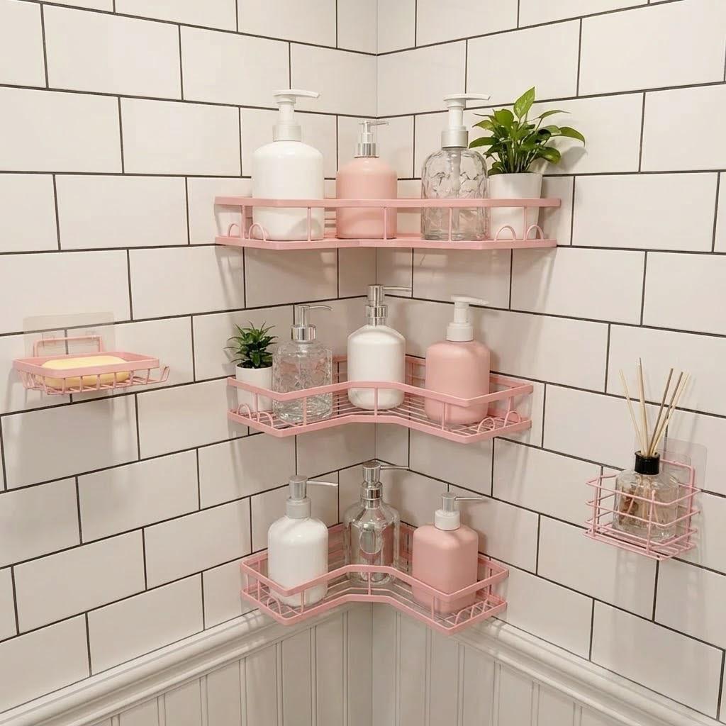 Home Essentials Bathroom Rack - 5Pcs Minimalist Pink Shower Organizer Set