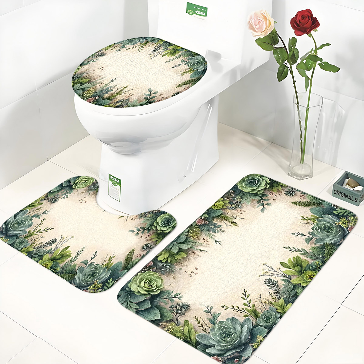 Zara Home Bathroom Mat - Retro Succulent Bathroom Three-Piece Set: Flannel